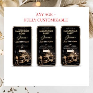 Elegant masquerade party invitation in black and gold, digital birthday invite with RSVP Google Form, fully editable Canva template for adult 30th 40th 50th 60th birthday celebration.