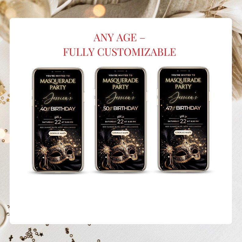 Elegant masquerade party invitation in black and gold, digital birthday invite with RSVP Google Form, fully editable Canva template for adult 30th 40th 50th 60th birthday celebration.