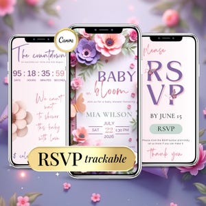Baby in Bloom Baby Shower Invitation Template | Modèle Floral Fille à Personnaliser | Girl Butterfly Digital Invite avec RSVP Registry Gift
