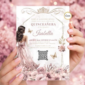 Quinceañera Blush Pink Invitation Template with QR Code, Floral Gold Mis XV Sweet 15 16 Birthday Canva Printable Invite