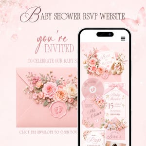 May include: A baby shower RSVP website design with a pink theme. The design includes a pink envelope with floral arrangements, a phone displaying baby shower details, and the text "Baby Shower RSVP Website" and "You're Invited."