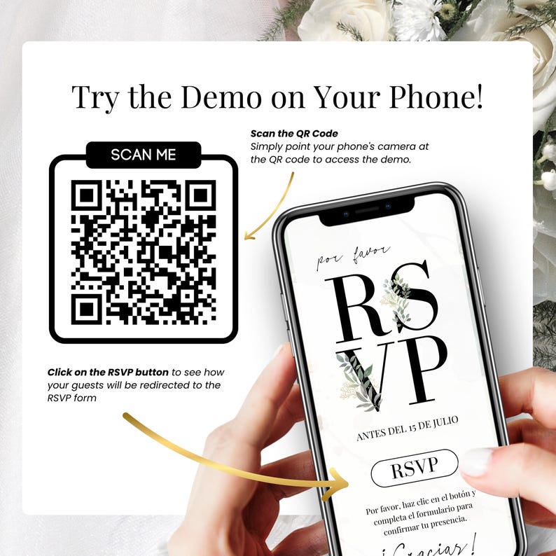 Escanea el código QR para probar la demo de nuestra invitación de boda digital en español con formulario RSVP online. Visualiza cómo tus invitados pueden confirmar su asistencia con un simple clic. Plantilla editable en Canva, elegante y moderna, ideal para bodas digitales, bodas mexicanas o celebraciones bilingües. Compatible con móviles, fácil de compartir por WhatsApp o email.