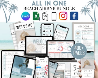 Beach Airbnb Host Bundle Welcome Book Airbnb Template Welcome Sign Editable Airbnb Signs, Spreadsheet, Cleaning Checklist Airbnb Printables