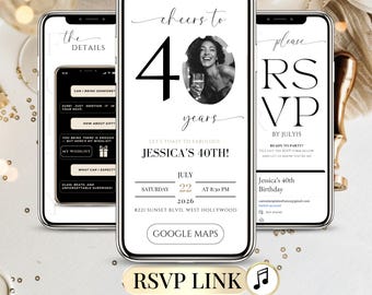 40th Birthday Invite Digital, Invitation 40 Ans Numérique Éditable Femme Homme | Faire-Part Anniversaire Animé avec RSVP & Suivi Invités