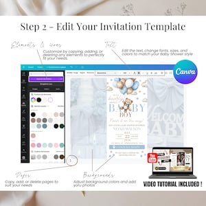 Step 2 — Edit Baby Shower Invitation Template in Canva. Blue Teddy Bear balloons design, fully customizable text, colors and layout. Mobile website invitation for baby boy, sent via email, SMS or QR link.