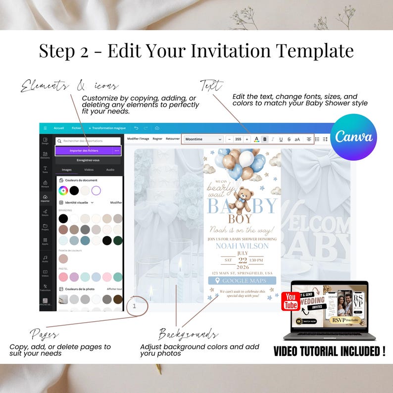 Step 2 — Edit Baby Shower Invitation Template in Canva. Blue Teddy Bear balloons design, fully customizable text, colors and layout. Mobile website invitation for baby boy, sent via email, SMS or QR link.