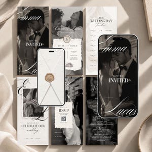 May include: A collection of wedding stationery featuring black and white photographs of a couple, elegant typography, and a smartphone displaying a white envelope with a gold wax seal. The designs include invitation cards, timelines, and RSVP cards.