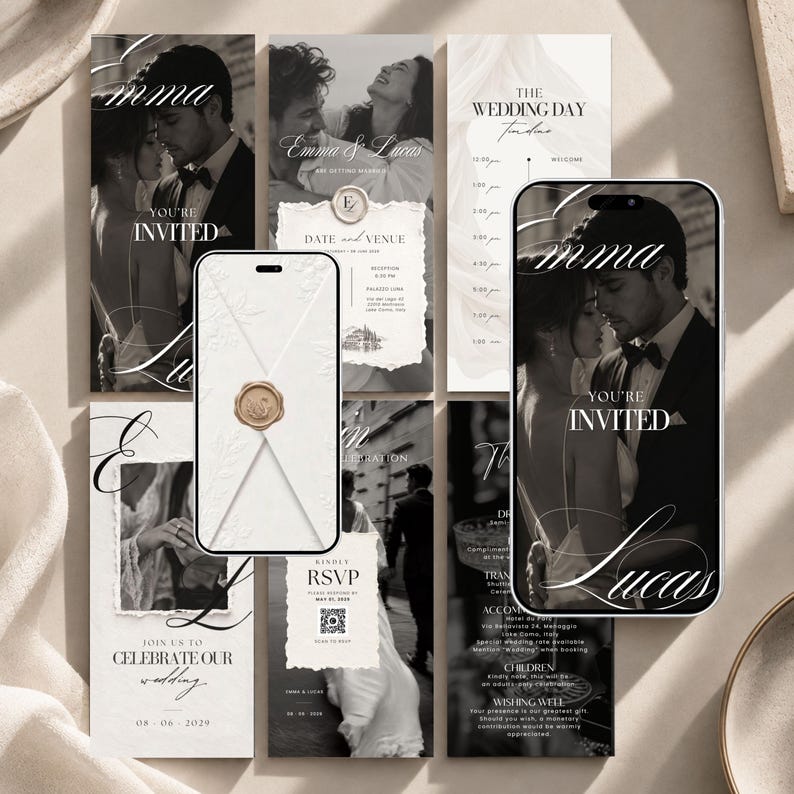 Digital wedding invite mockup grid showing animated video invitation pages: envelope with wax seal, you're invited cover, date and venue, wedding day timeline, RSVP QR code and wedding details, black and white editorial design.