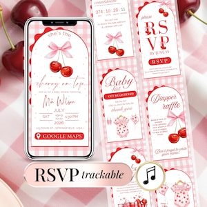 May include: A digital baby shower invitation displayed on a smartphone screen featuring a pink gingham background, watercolour cherries, and a pink bow. The text includes details for Mia Wilson, July 22, 2026, and a Google Maps link, alongside RSVP and registry cards.