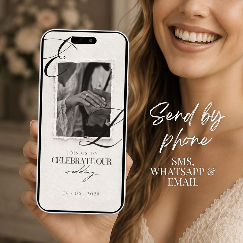 Bride holding phone displaying digital wedding invite video invitation, join us to celebrate our wedding page, sent by phone via SMS, WhatsApp and email.