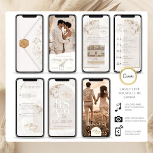 Wedding Video Invitation Canva Template preview showing all editable pages including envelope cover, wedding timeline, venue details, RSVP page, customizable photos, music, and elegant ivory champagne wedding theme.