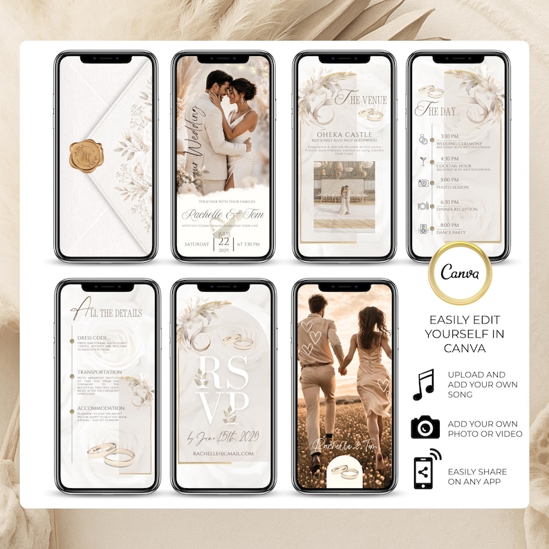Wedding Video Invitation Canva Template preview showing all editable pages including envelope cover, wedding timeline, venue details, RSVP page, customizable photos, music, and elegant ivory champagne wedding theme.