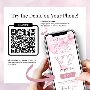 Preview Pink Bow Baby Shower Invitation on your phone – Scan QR code to try editable RSVP evite demo. Mobile view of coquette-style baby shower invitation for girl with RSVP button. Digital template includes QR access and real-time RSVP tracking. Perfect for modern, elegant baby shower planning with Canva. Try before you buy with interactive phone preview.