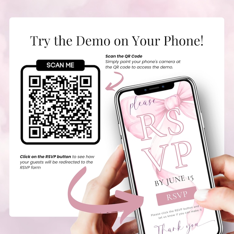 Preview Pink Bow Baby Shower Invitation on your phone – Scan QR code to try editable RSVP evite demo. Mobile view of coquette-style baby shower invitation for girl with RSVP button. Digital template includes QR access and real-time RSVP tracking. Perfect for modern, elegant baby shower planning with Canva. Try before you buy with interactive phone preview.