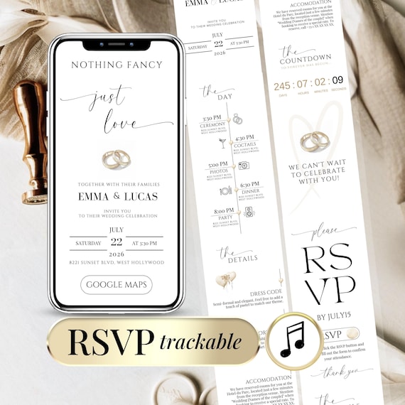 Nothing Fancy Just Love Digital Wedding Invitation with RSVP Link and Countdown - Faire-part de Mariage Numérique Modèle Canva Éditable