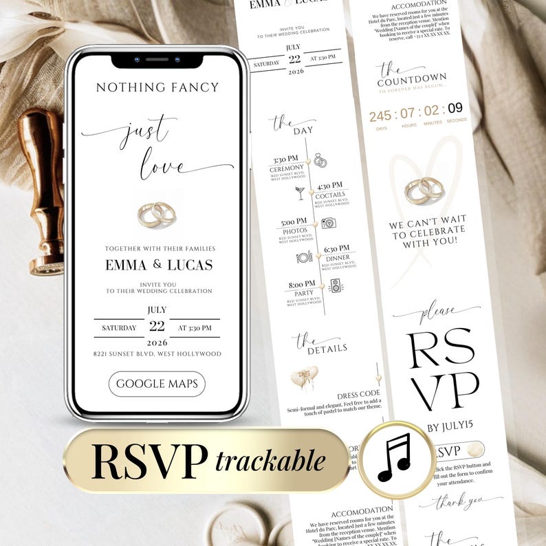 Minimalist digital wedding invitation template displayed on three smartphones with RSVP form, countdown timer, and wedding details. Editable in Canva. Includes "Nothing Fancy Just Love" design, trackable RSVP button, Google Maps link, and elegant gold wedding rings. Perfect for online weddings, virtual celebrations, and modern couples looking for a paperless wedding invite.