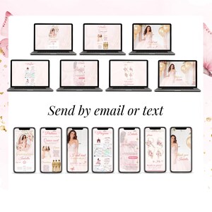 Editable Quinceañera digital invitation shown on mobile phones and laptops. Full event website layout includes court of honor, event program, RSVP, countdown, and thank-you page. Designed in soft pink with floral accents. Perfect for Sweet 16 or 15th birthday. Send via email, text, or WhatsApp. Canva template allows full customization and online sharing for modern party planning.