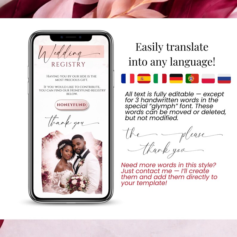 Easily translate into any language wedding invitation slide showing multilingual Canva template features