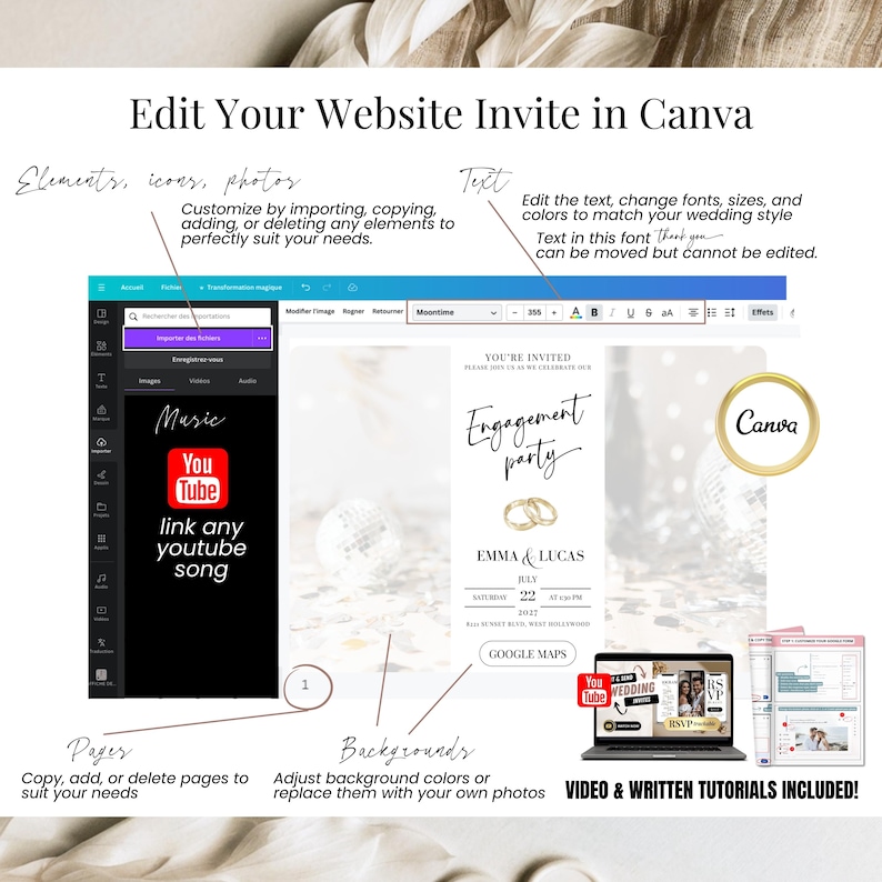 Edit engagement party invitation website in Canva, customize text, photos, colors and layout for digital invitation with RSVP tracking.