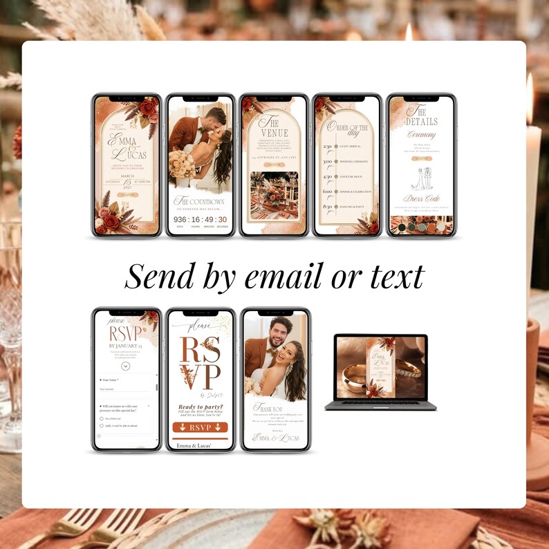 Digital wedding invitation Canva template, burnt orange wedding invitation, terracotta wedding RSVP website, send by text message or email, interactive wedding invite, paperless wedding invitation, fall wedding electronic invitation