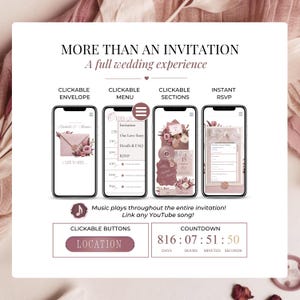 Romantic blush pink interactive wedding website invitation Canva template showing clickable envelope, navigation menu, instant RSVP form, countdown timer, music player and clickable wedding details for a modern digital wedding experience