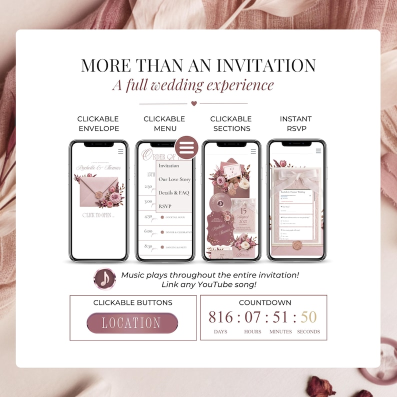 Romantic blush pink interactive wedding website invitation Canva template showing clickable envelope, navigation menu, instant RSVP form, countdown timer, music player and clickable wedding details for a modern digital wedding experience