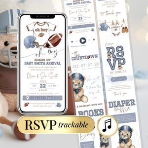 Peut inclure: Un modèle d'invitation numérique pour fête prénatale sur le thème du football avec des illustrations de body, de ballon de football et de casque. Le texte inclut Kicking Off Baby Smith Arrival, RSVP et Diaper Raffle, avec un bouton RSVP suivi.
