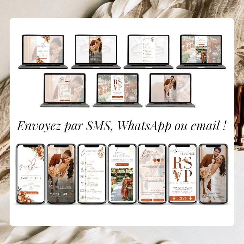 Faire-part de mariage numérique terracotta multi-pages, invitation digitale animée à envoyer par SMS WhatsApp ou email