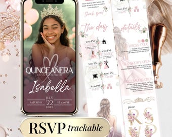 Invitación Digital Quinceañera con Foto, Plantilla Editable, Fiesta Sweet 15 y 16 Años, Invitación Personalizable, Online RSVP Clickeable
