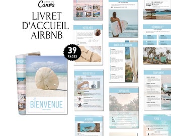 Livret d’accueil AIRBNB français, 39 pages A4, Template Canva, Airbnb Template, Location vacances d'été, bord de mer, plage, Guide d'accueil