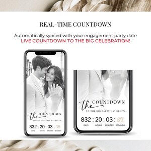 Live countdown engagement invitation template, real-time timer synced to event date, modern Canva digital invite with elegant couple photo and countdown feature
