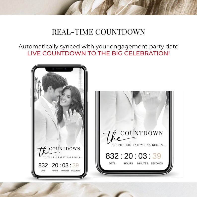 Live countdown engagement invitation template, real-time timer synced to event date, modern Canva digital invite with elegant couple photo and countdown feature