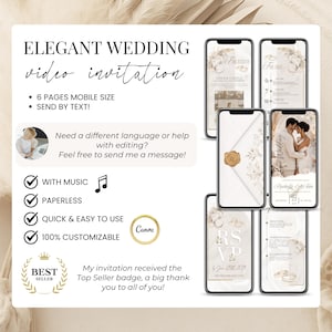 Editable Wedding Video Invitation Canva Template with 6 mobile-sized pages, music included, paperless wedding invitation, customizable digital wedding invite, elegant ivory and champagne gold wedding design, send by text, WhatsApp, or email.