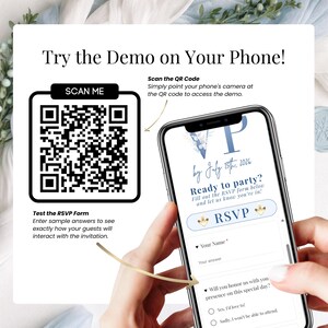 Digital wedding invitation demo with QR code, scan to view wedding invitation website on phone, interactive online wedding invite with RSVP tracking, music and countdown timer, mobile-friendly Canva wedding website template
