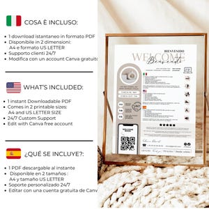 May include: A printable welcome sign for guests in a light brown and white color scheme. The sign includes the text "Welcome" in a bold font and features a QR code. The sign is available in two sizes: A4 and US Letter. The sign also includes a list of information for guests, such as check-in and check-out times, and a list of rules and regulations. The sign is available for instant download and can be edited with a free Canva account.