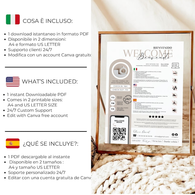 May include: A printable welcome sign for guests in a light brown and white color scheme. The sign includes the text "Welcome" in a bold font and features a QR code. The sign is available in two sizes: A4 and US Letter. The sign also includes a list of information for guests, such as check-in and check-out times, and a list of rules and regulations. The sign is available for instant download and can be edited with a free Canva account.