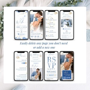 Editable wedding invitation website pages, customize your digital wedding invite in Canva, add or remove pages easily, modern dusty blue wedding website template with RSVP tracking and interactive layout