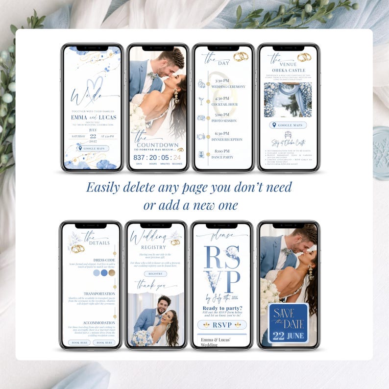 Editable wedding invitation website pages, customize your digital wedding invite in Canva, add or remove pages easily, modern dusty blue wedding website template with RSVP tracking and interactive layout