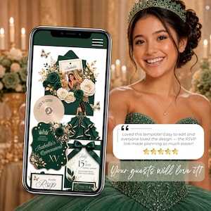 Emerald Green Quinceañera Invitation Website featuring RSVP link, music player, countdown timer, and luxury emerald green princess design. Editable Canva template loved by guests for Sweet 16, Quinceañera, and XV Años celebrations.