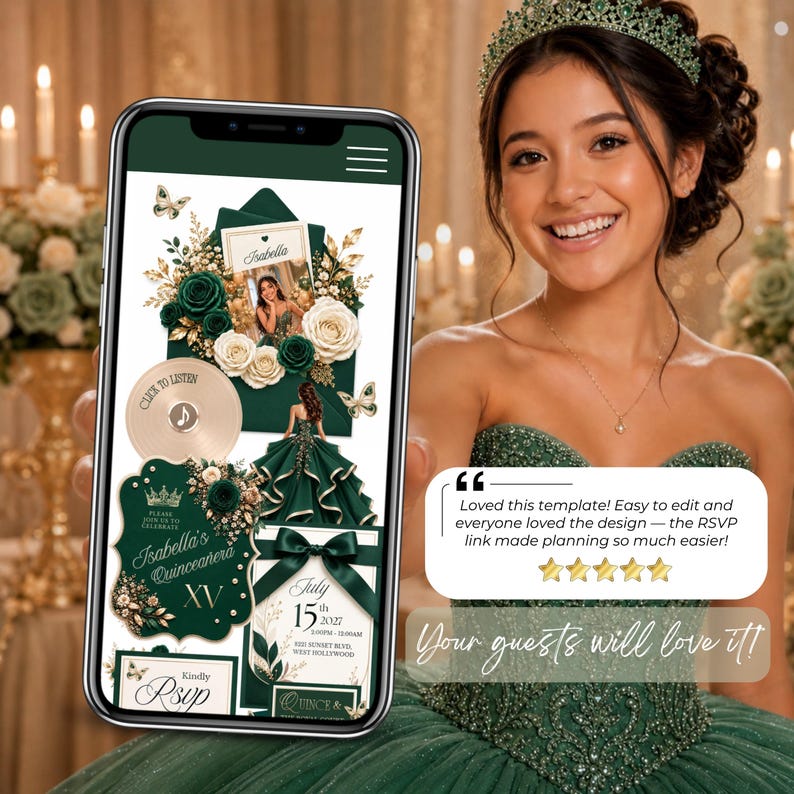 Emerald Green Quinceañera Invitation Website featuring RSVP link, music player, countdown timer, and luxury emerald green princess design. Editable Canva template loved by guests for Sweet 16, Quinceañera, and XV Años celebrations.