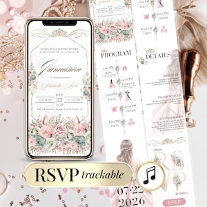 Invitación Digital Editable Quinceañera con RSVP Clickeable – Fiesta 15 / 16 Años Plantilla Online – Evite Página Web Cumpleaños