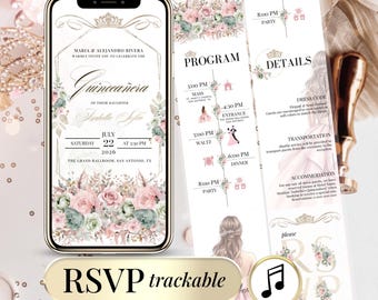 Editable Digital Quinceañera Invitation with Clickable RSVP Tracker – Sweet 15 / 16 Birthday Party Template – Online Evite Website Invite