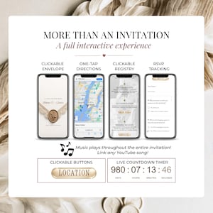 Interactive Wedding Website showcasing clickable envelope, Google Maps directions, wedding registry, RSVP tracking, live countdown timer, YouTube music and clickable buttons in an elegant ivory and champagne gold design.