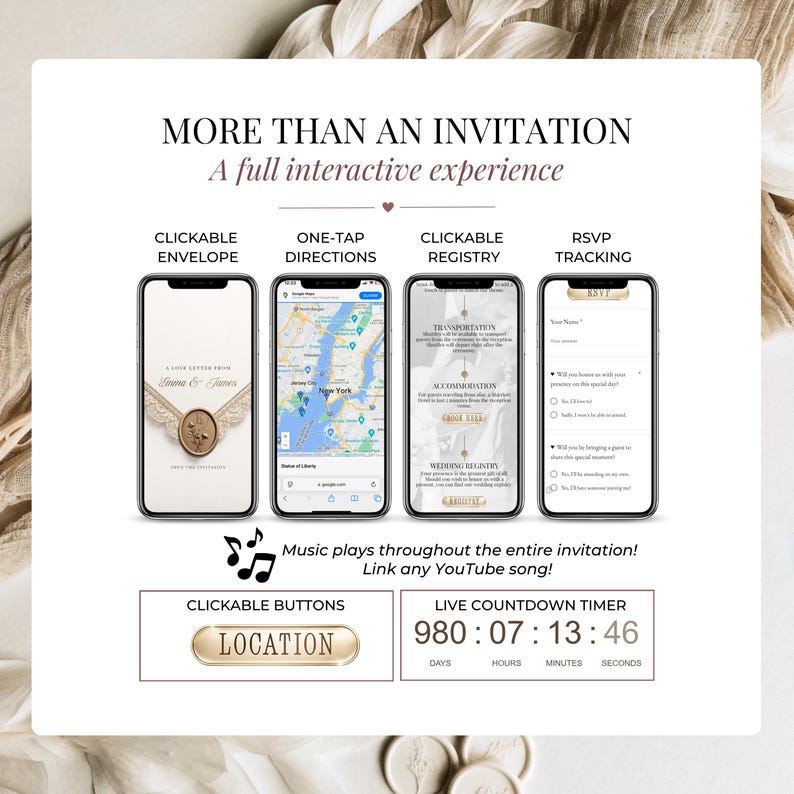 Interactive Wedding Website showcasing clickable envelope, Google Maps directions, wedding registry, RSVP tracking, live countdown timer, YouTube music and clickable buttons in an elegant ivory and champagne gold design.