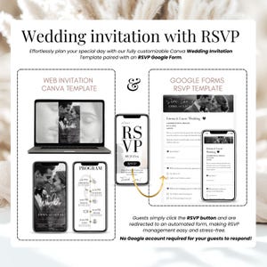 Editable wedding invitation with RSVP using Canva and Google Forms. Includes a customizable web invitation and an online RSVP form. Guests click RSVP and submit responses easily—no Google account required. Perfect for digital weddings, stress-free RSVP tracking, and elegant mobile-friendly designs.