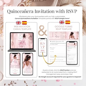 以下が含まれることがあります： Quincea&ntilde;eraのデジタル招待状テンプレート。ラップトップとスマートフォンに招待状のデザインが表示されています。デザインはピンク色で、花のアクセントがあります。「Quincea&ntilde;era Invitation with RSVP」と書かれています。