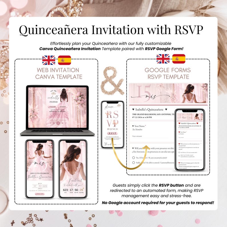 以下が含まれることがあります： Quincea&ntilde;eraのデジタル招待状テンプレート。ラップトップとスマートフォンに招待状のデザインが表示されています。デザインはピンク色で、花のアクセントがあります。「Quincea&ntilde;era Invitation with RSVP」と書かれています。