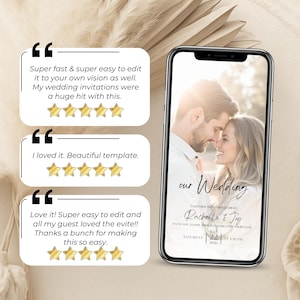 Editable wedding invitation video template in Canva with customer reviews. Mobile mockup shows romantic wedding invite featuring couple’s photo. Includes 5-star testimonials highlighting ease of use, customization, and guest satisfaction. Ideal for digital, paperless weddings shared via WhatsApp or text. Perfect for modern brides looking for fast, stylish RSVP solutions.