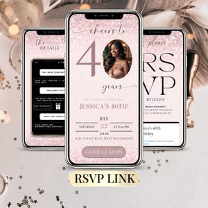 40th Birthday Digital Invite RSVP for Women Pink Editable Photo Invitation Template Modern Party Invite Customizable Birthday Trackable RSVP