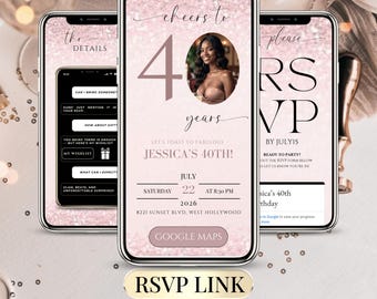 40th Birthday Digital Invite RSVP for Women Pink Editable Photo Invitation Template Modern Party Invite Customizable Birthday Trackable RSVP